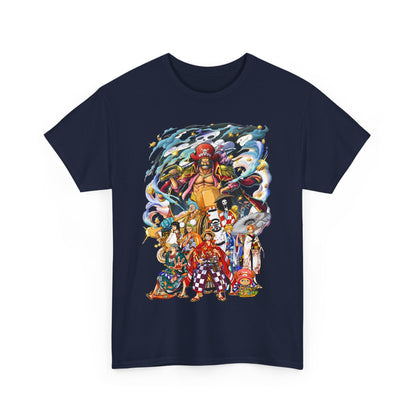 Luxurious navy T-shirt adorned with an eye-catching anime design, capturing the essence of adventure and style.