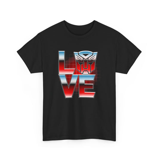 Transformers Love Unisex Mens Womens Graphic Funny T Shirt Tee Urban showcasing striking 3D-inspired lettering alongside the renowned Transformers logo, elegantly displayed on a chic black tee.