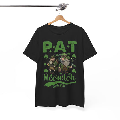 Elegant display of the black t-shirt with the 'Funny St. Patrick’s Day T-Shirt - Pat McCrotch Irish Pub Graphic Tee for Men & Women' design on a hanger, showcasing festive leprechauns and shamrocks.