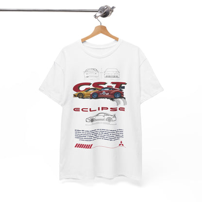 Stylish Mitsubishi Eclipse GST t-shirt displayed on a hanger, showcasing eye-catching graphics and a modern fit, perfect for expressing automotive passion.