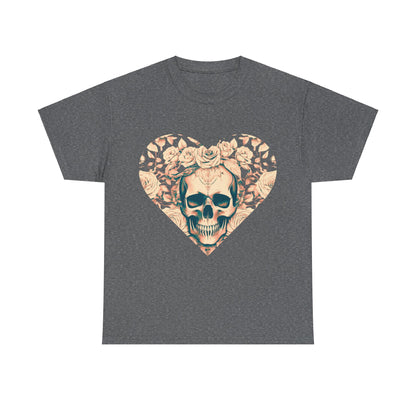 Skulls and Roses Cotton Tee - Unisex Graphic Shirt in dark grey showcasing an elegant skull with delicate roses. A perfect blend of edge and sophistication.