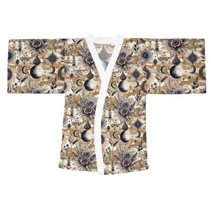 Floral Kimono Robe displayed, highlighting its unique pattern of flowers and moons, ideal for stylish relaxation.