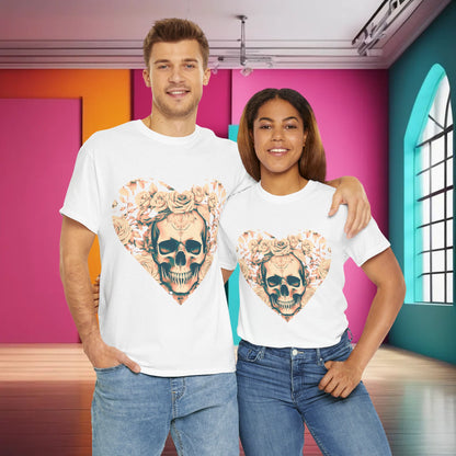 Trendy pair displaying the Skulls and Roses Cotton Tee in classic white, adorned with striking skull artwork framed by roses. A luxurious choice for every wardrobe.