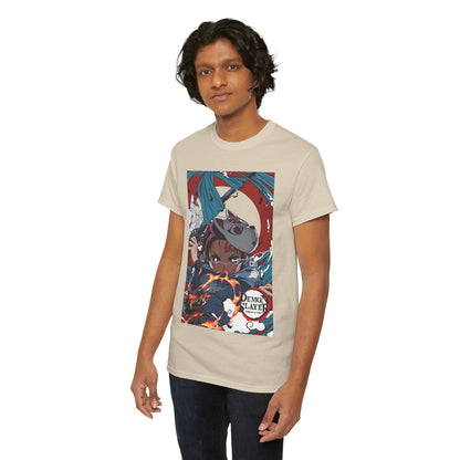 Luxury Demon Slayer anime t-shirt featuring a striking illustration of a character surrounded by fire and energy, perfect for fans of the series seeking stylish yet bold apparel.