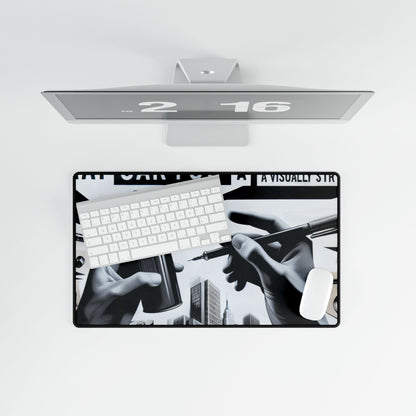 Chic top view of the BanksyGroove UrbanScape Desk Mat paired with a sleek keyboard and mouse, highlighting a stylish and artistic workspace.