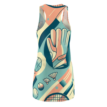 Valentina Sterling Racerback Dress showcasing playful pastel sports symbols in a stylish and athletic design.