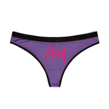 Elegant purple thong panties adorned with an eye-catching 'PUSSY' graphic, designed to embody confidence and sophistication with a sleek black trim.