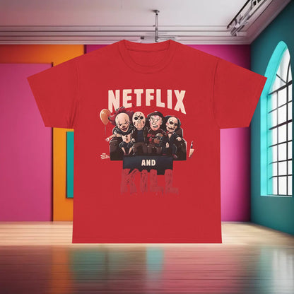 Stylish 'Netflix and Kill' Graphic T-Shirt adorned with cartoonish horror legends, ideal for a fashionable yet spooky vibe.