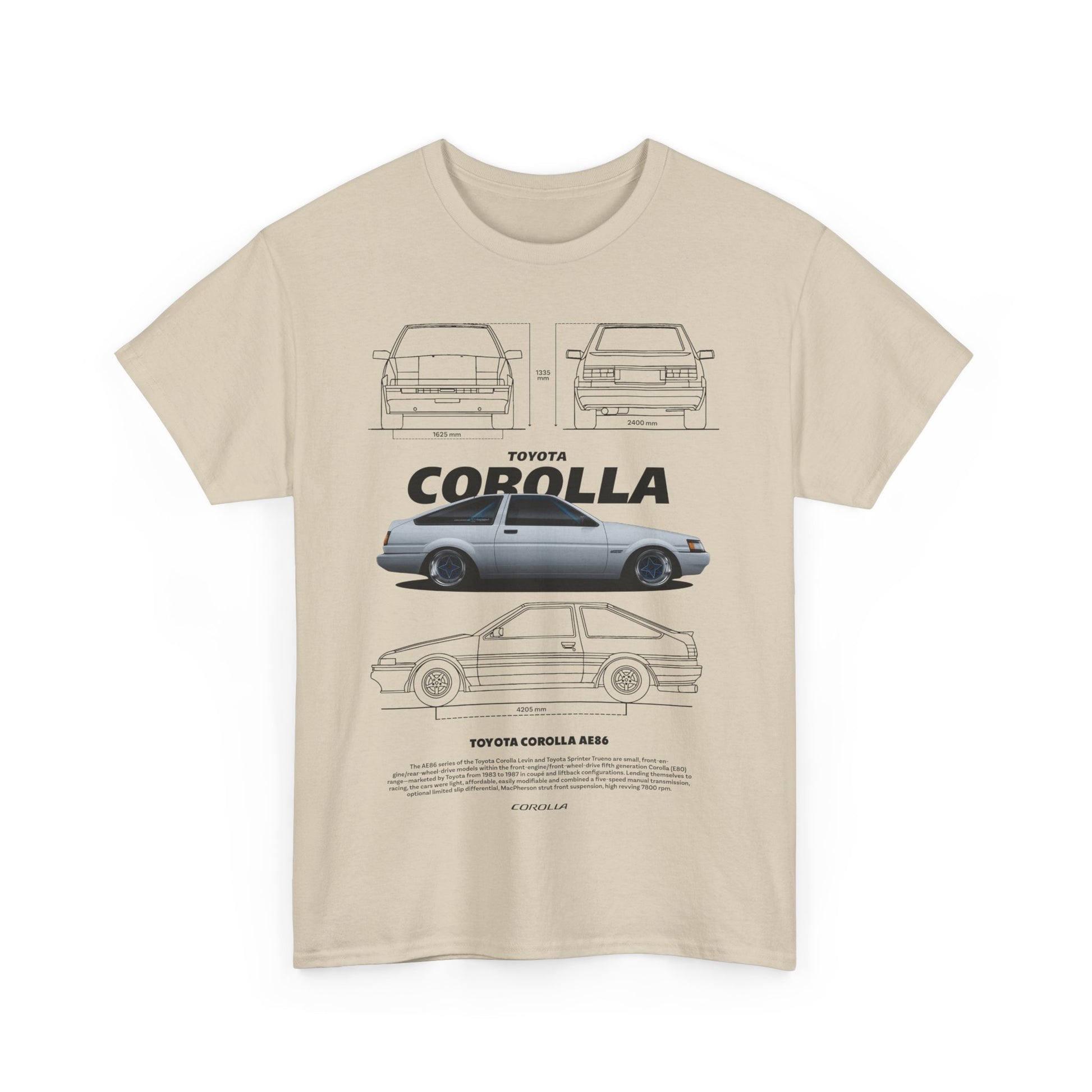 Luxurious beige T-shirt featuring an intricate illustration of the iconic Toyota Corolla AE86, highlighted with detailed automotive specifications.