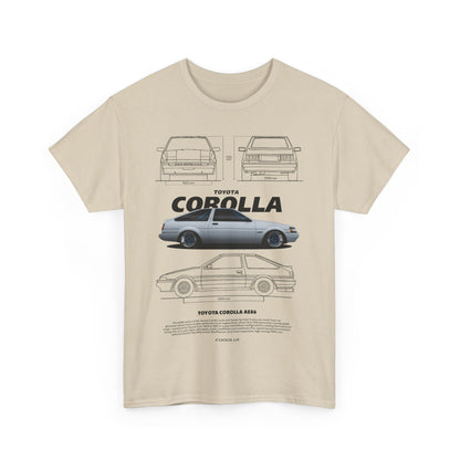 Luxurious beige T-shirt featuring an intricate illustration of the iconic Toyota Corolla AE86, highlighted with detailed automotive specifications.