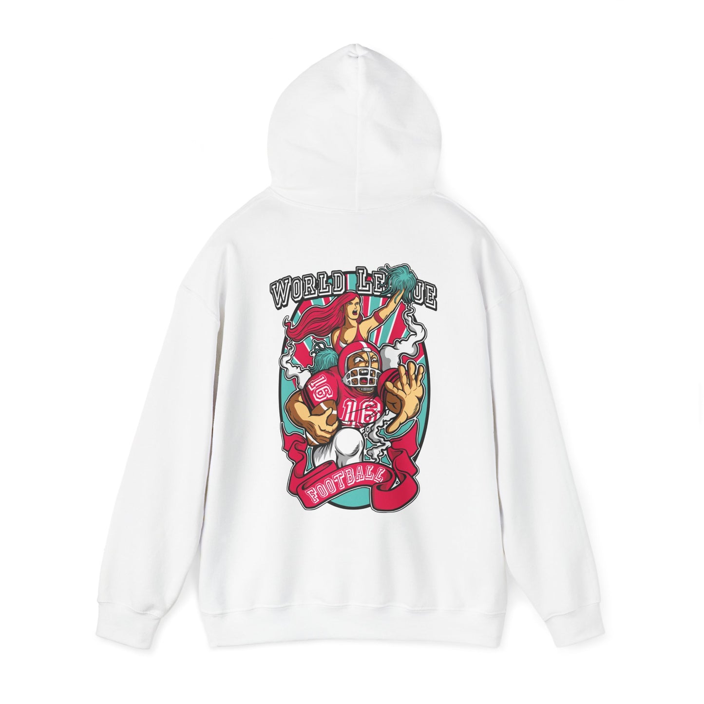Sophisticated white hoodie featuring an eye-catching back print with a football player and cheerleader, exuding a lively spirit with the 'WORLD LEAGUE' statement elegantly presented in vibrant colours.