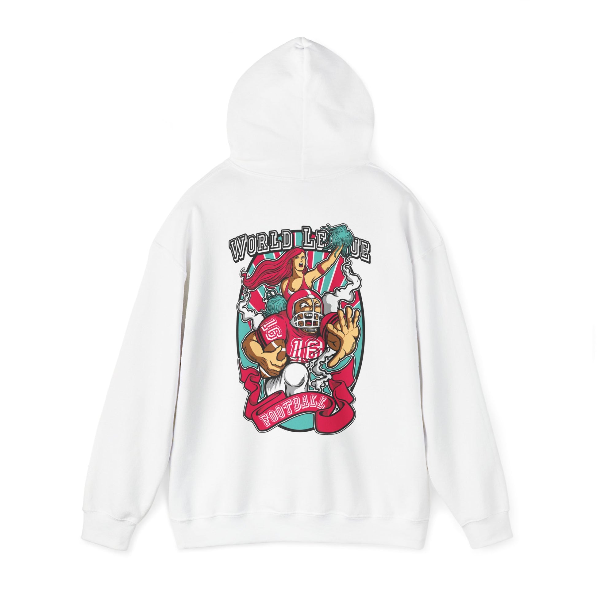 Sophisticated white hoodie featuring an eye-catching back print with a football player and cheerleader, exuding a lively spirit with the 'WORLD LEAGUE' statement elegantly presented in vibrant colours.