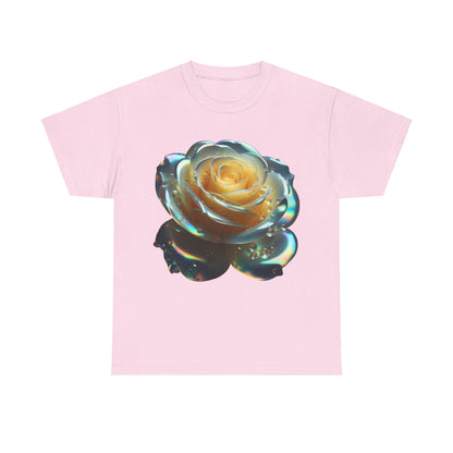 The Ethereal Rose Tee Unisex Cotton Graphic T-Shirt featuring a stunning close-up of a stylized rose in soft peachy-yellow hues on a pink background, embodying elegance and artistry.