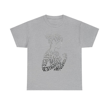 Fighter Girl Graphic Unisex T-Shirt - Artistic Typography Design rendered in sophisticated heather grey, highlighting a powerful word-art silhouette of an empowered female figure.