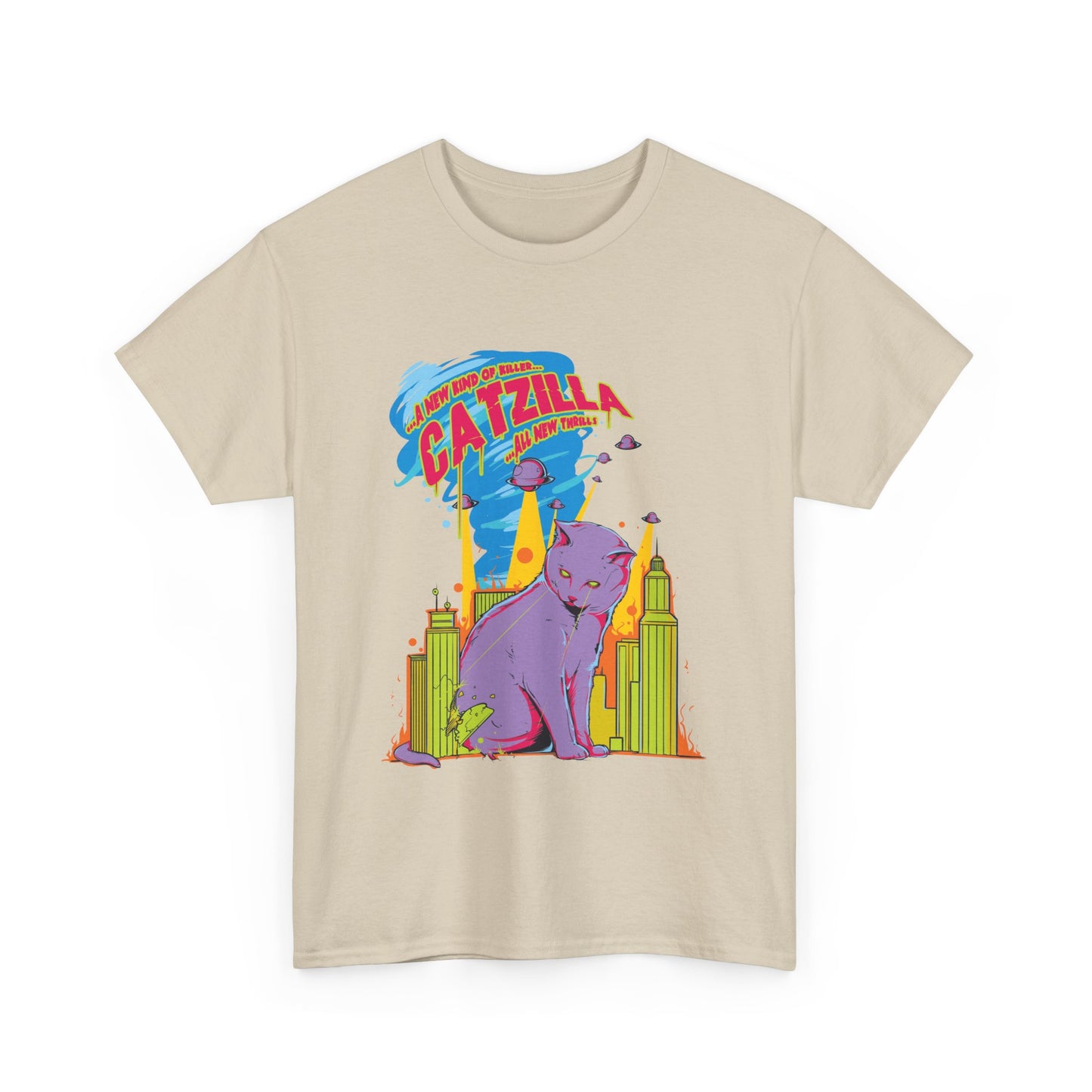Profile shot of the Epic Catzilla Men's T-Shirt revealing its brilliant colour palette and dynamic background elements of flying saucers and beams of light.