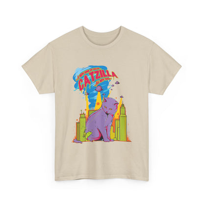 Profile shot of the Epic Catzilla Men's T-Shirt revealing its brilliant colour palette and dynamic background elements of flying saucers and beams of light.