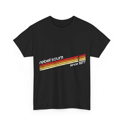 Artistic front view of the refined black Star Wars Rebel Scum Graphic T-Shirt featuring a striking graphic element, suitable for stylish casual wear.