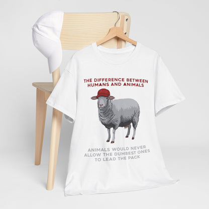 Fashionable white t-shirt elegantly displayed with a cartoon sheep wearing a red cap and a witty quote, a perfect addition to the wardrobe of anyone who values unique expression.