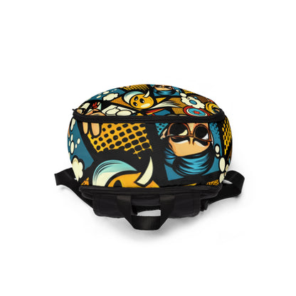 Model wearing the Luminous Pop Art Backpack from Dazzling Dreams Studio, showcasing its vibrant aesthetics and stylish design in an urban setting, perfect for fashion-forward individuals.