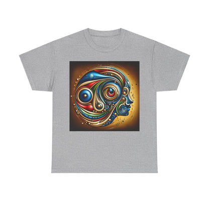 Stained Glass Dreams Unisex T-Shirt with an artistic representation of a human face in a blend of vivid colours and geometric patterns, perfect for art lovers.