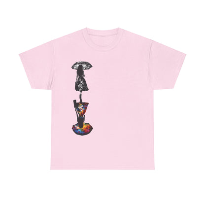 Duality Dreams Unisex Graphic T-Shirt in soft pink, adorned with an artistic floral design that merges black and white elements with vibrant patterns, creating a unique style statement.