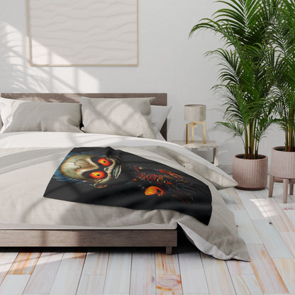 Elegant Decorative and Warm Halloween Spooky Arctic Fleece Blanket elegantly layered on a contemporary bed, featuring a striking Halloween-themed graphic perfect for seasonal decor.