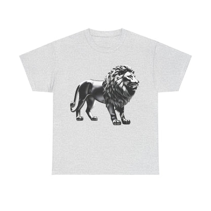 Silver Majestic Lion Graphic T-Shirt, Urban Streetwear Top, Unisex Cotton - Showcasing a striking silver lion graphic on a grey fabric, ideal for trendy streetwear enthusiasts.