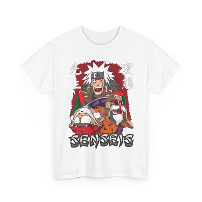 Luxurious Sensei Graphic Tee featuring bold anime characters in vibrant colours, accompanied by graffiti-style lettering, perfect for streetwear enthusiasts.