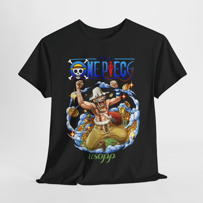 Luxurious black t-shirt featuring Usopp from One Piece, depicted in a dynamic pose surrounded by an enchanting backdrop of clouds and gold coins, epitomizing anime elegance and adventure.
