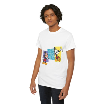 Model wearing the Stylish Unisex Mickey Mouse Graphic Tee, highlighting vibrant retro Disney design and chic style suitable for any casual outing.