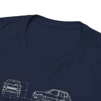 Close-up of a luxury navy blue Suzuki Forza men's t-shirt collar showcasing fine fabric quality and sophisticated car illustrations, designed for true automotive enthusiasts.