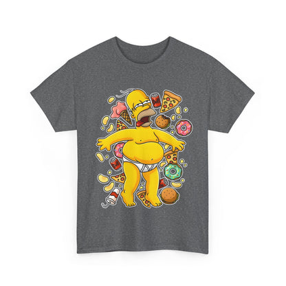 Homer's Gluttonous Glory Unisex Cotton Tee Graphic T Shirt featuring a vibrant design of Homer Simpson surrounded by an array of delicious food items including pizza, donuts, and ice cream on a dark grey background.