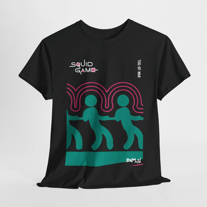 Stylish black unisex t-shirt featuring a vibrant Squid Game themed graphic with tug-of-war figures, embodying modern urban fashion.
