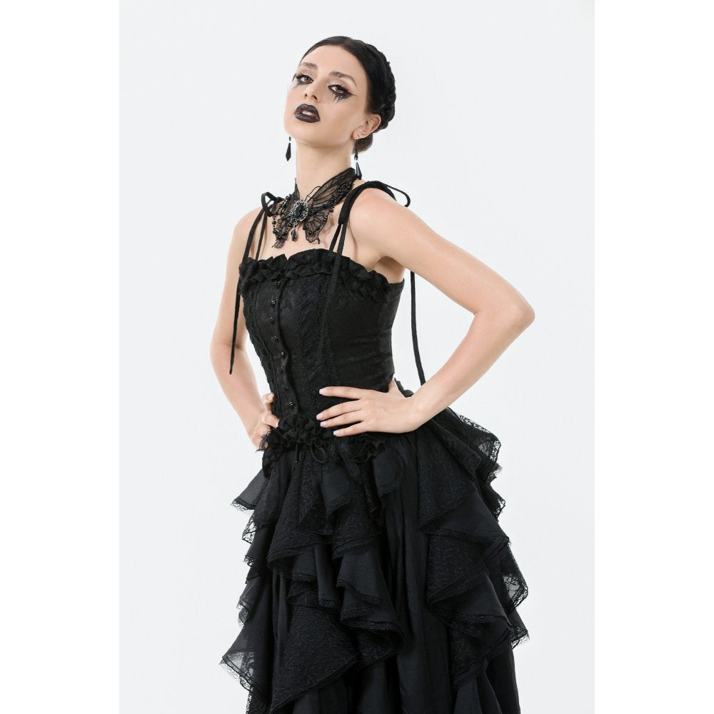 Elegant Dark in Love Selene Floral Jacquard Corset Top featuring dramatic ruffled trims and lace-up back design, showcasing gothic opulence.