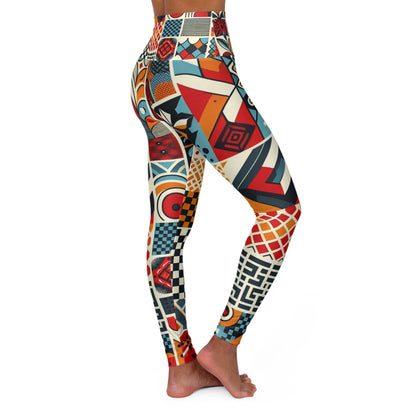 Vibrant high-waisted yoga leggings with unique red checkerboard and organic prints, designed by Dazzling Dreams Studio, showcasing a stylish blend of fashion and functionality for modern activewear.