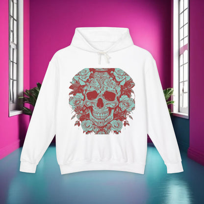 Front view of the Skull and Roses Lightweight Hoodie in white, featuring an intricate skull and roses graphic, ideal for making a bold fashion statement.
