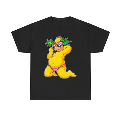 Homer Simpson Unisex Cotton Tee - Graphic T-Shirt with Playful Caricature Design featuring a vibrant design of Homer in a playful pose, wearing a purple mask and pink bikini, perfect for casual outings.