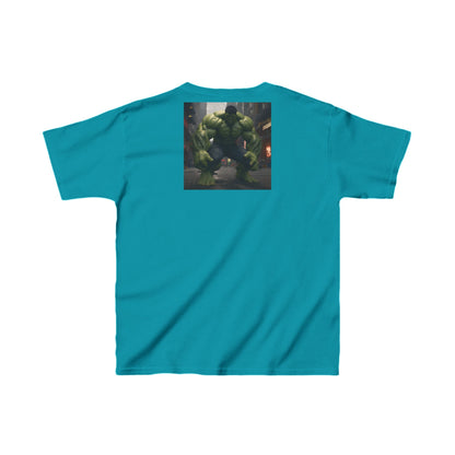 Kids Incredible Hulk Heavy Cotton T-Shirt in vibrant turquoise, featuring a bold Hulk graphic on the back, designed for young superheroes seeking durable comfort.