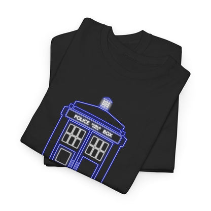 Dr Who Tardis Unisex Mens Women Graphic Funny T Shirt Tee Urban Street featuring an illuminated TARDIS design on a black fabric background, ideal for time travel enthusiasts.