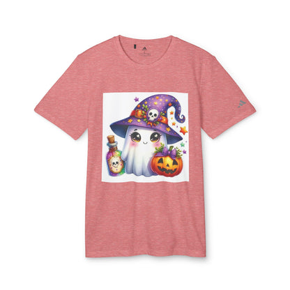 Adidas Unisex Halloween Party Ghost Cute T-shirt in soft pink featuring a playful ghost illustration, ideal for festive gatherings.