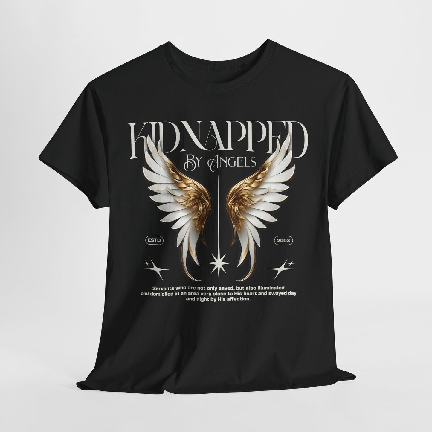 Stylish Men's T-Shirt with Ornate Angel Wings Design - KIDNAPPED BY ANGELS 2003