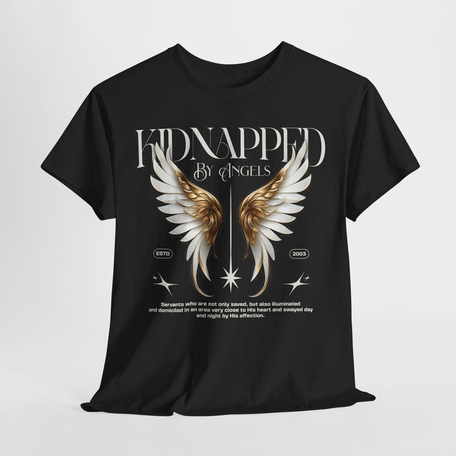 Stylish Men's T-Shirt with Ornate Angel Wings Design - KIDNAPPED BY ANGELS 2003