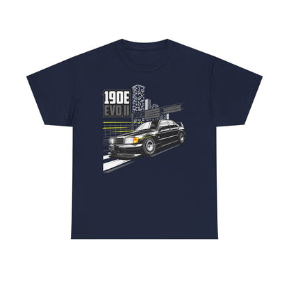Dynamic Black 190E EVO II T-Shirt Design with Urban Cityscape & Speed Lines