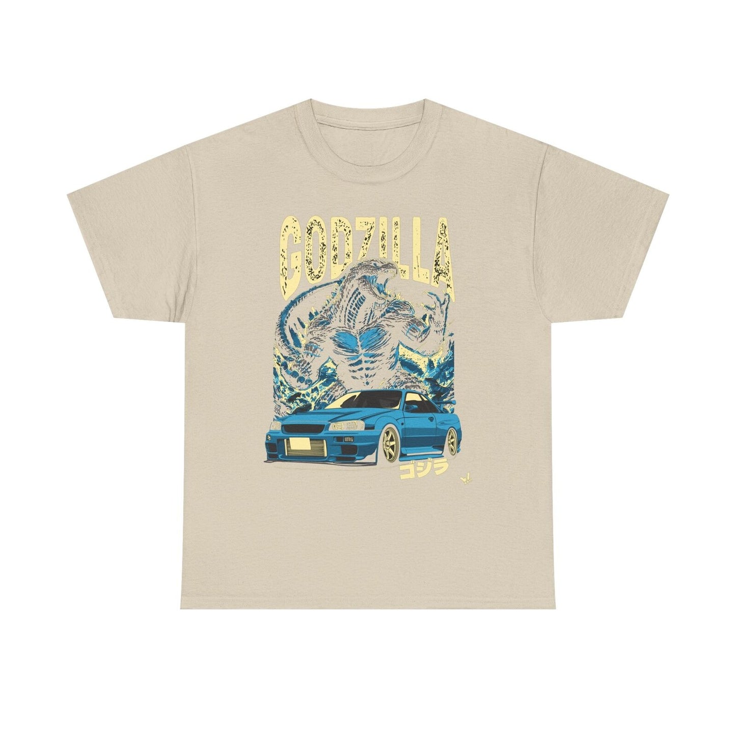 Epic Godzilla & Nissan Skyline R34 T-Shirt: Bold Graphic Japanese Culture Design