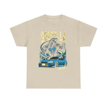 Epic Godzilla & Nissan Skyline R34 T-Shirt: Bold Graphic Japanese Culture Design