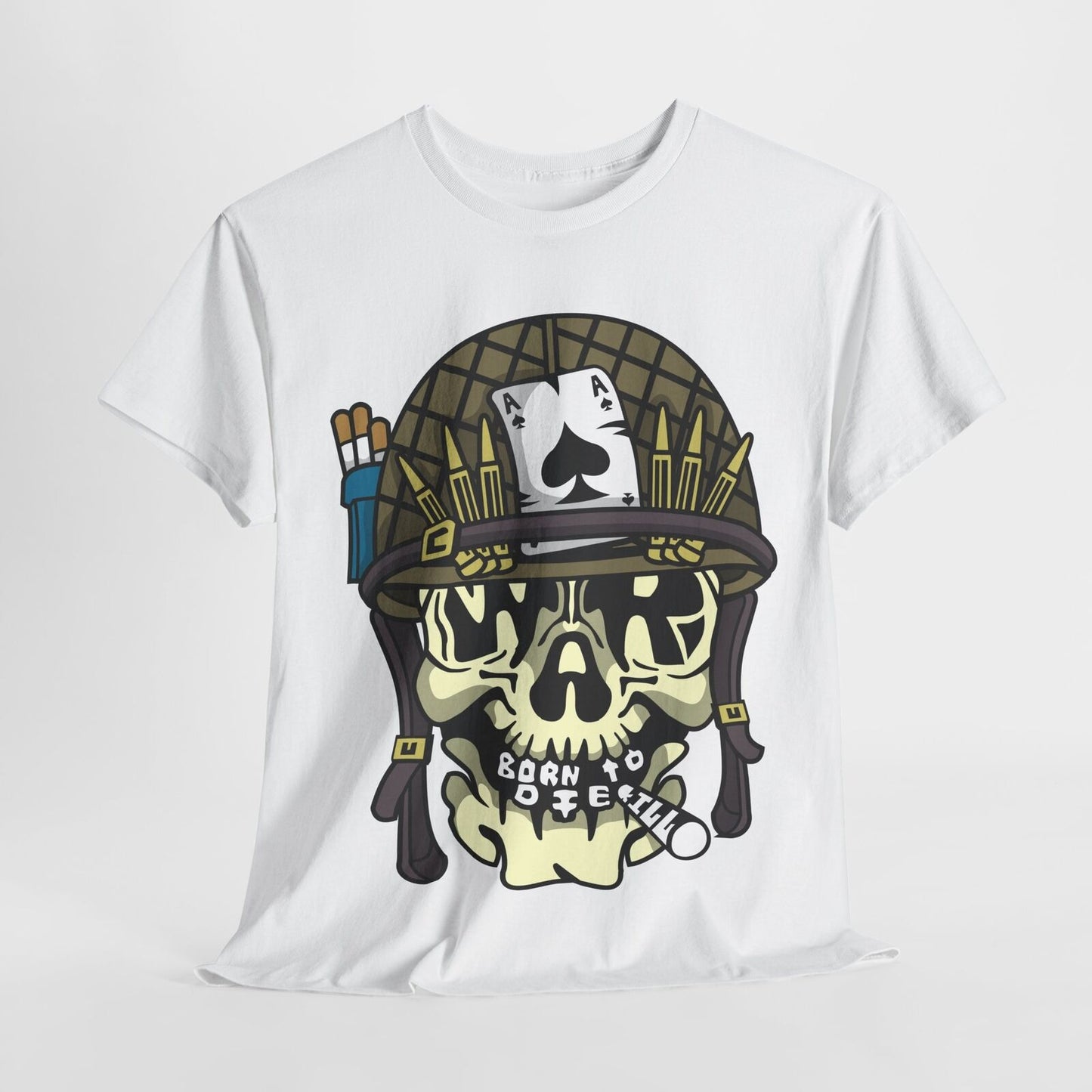 Men's T-Shirt with Cartoon Skull in Military Helmet, Ace of Spades & Bold Design