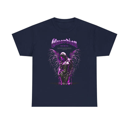 Mens T-Shirt with Unique Guardian Angel Design - Stylish Dark Gray & Magenta Art