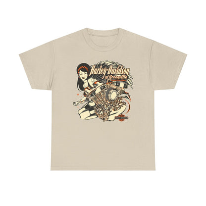 Vintage Harley-Davidson T-Shirt: Bold Pin-Up Design with Engine & Wings Flair!