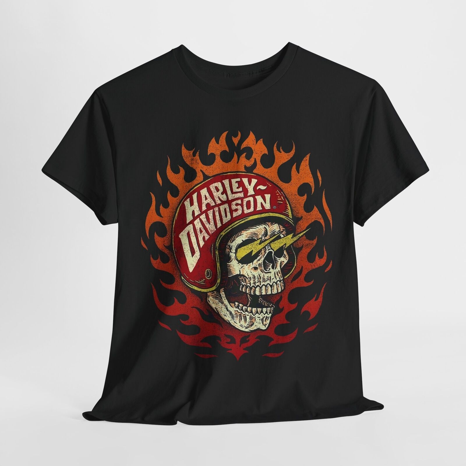 Bold Skull in Red Helmet T-Shirt: Vintage Harley Davidson Flames Design!