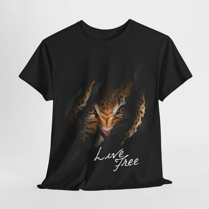 "Live Free Men's T-Shirt: Fierce Leopard Design with Unique Claw Marks Detail"